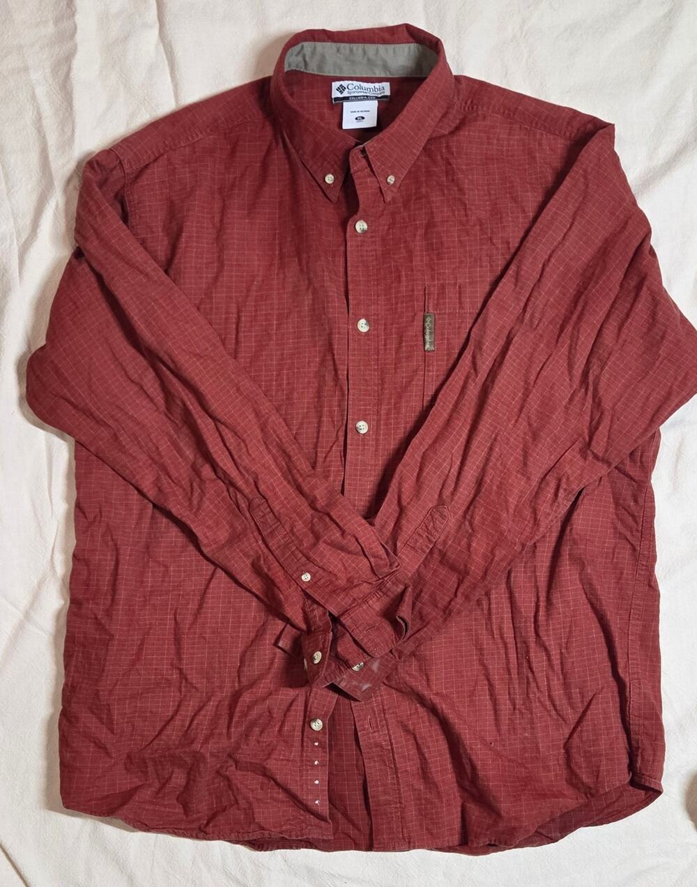 Columbia Men's XL Long Sleeve Button Down Shirt - Brick Red Grid Pattern